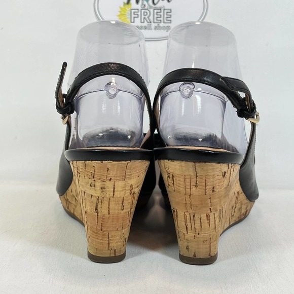 Clarks Bow Peep Toe Cork Wedge platform Heel Sandal- Black Leather -Women 7.5 - Picture 6 of 8
